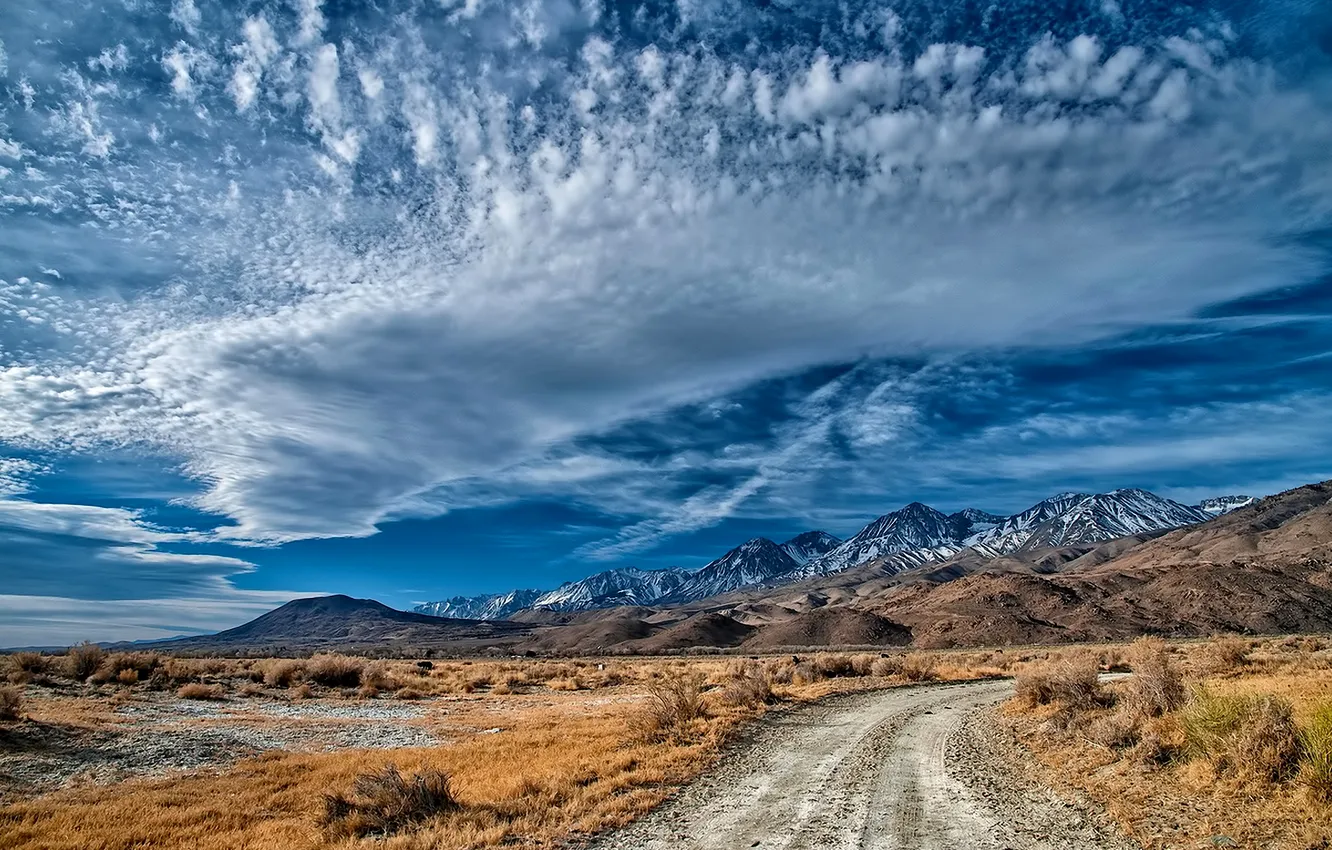 Photo wallpaper road, the sky, clouds, mountains, stones