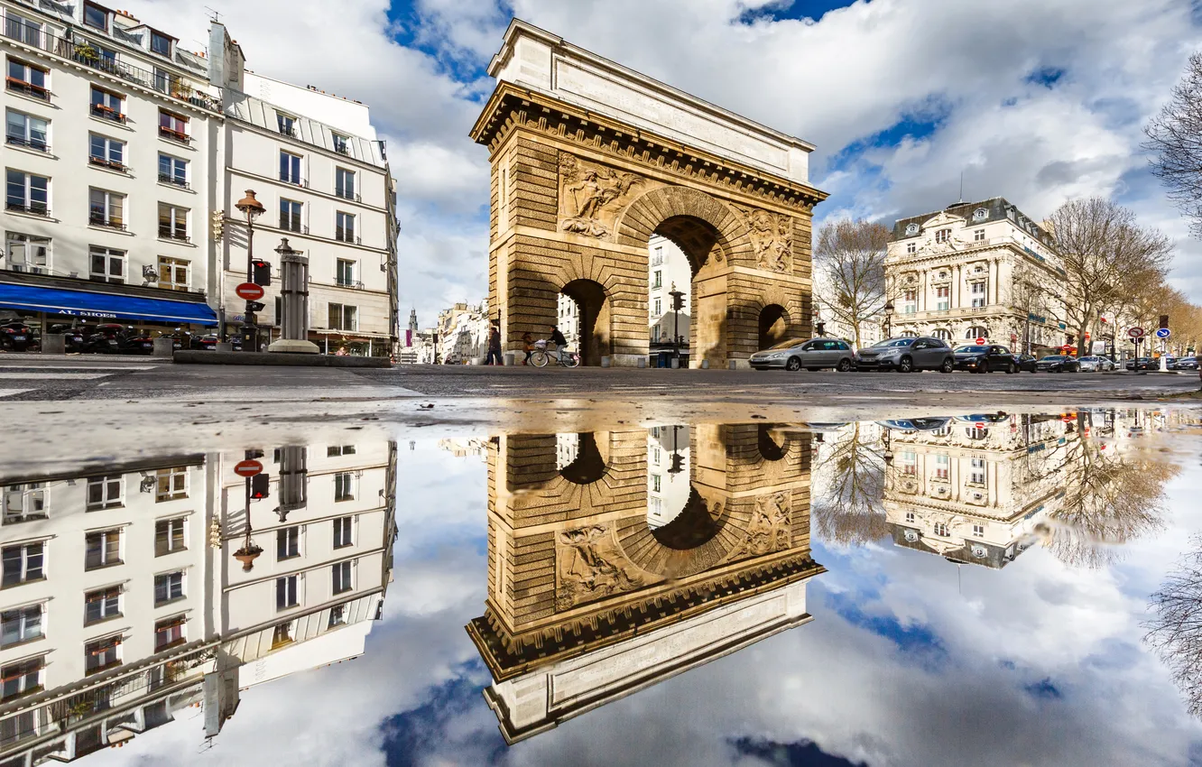 Photo wallpaper reflection, France, Paris, home, gate, arch, Saint-Martin