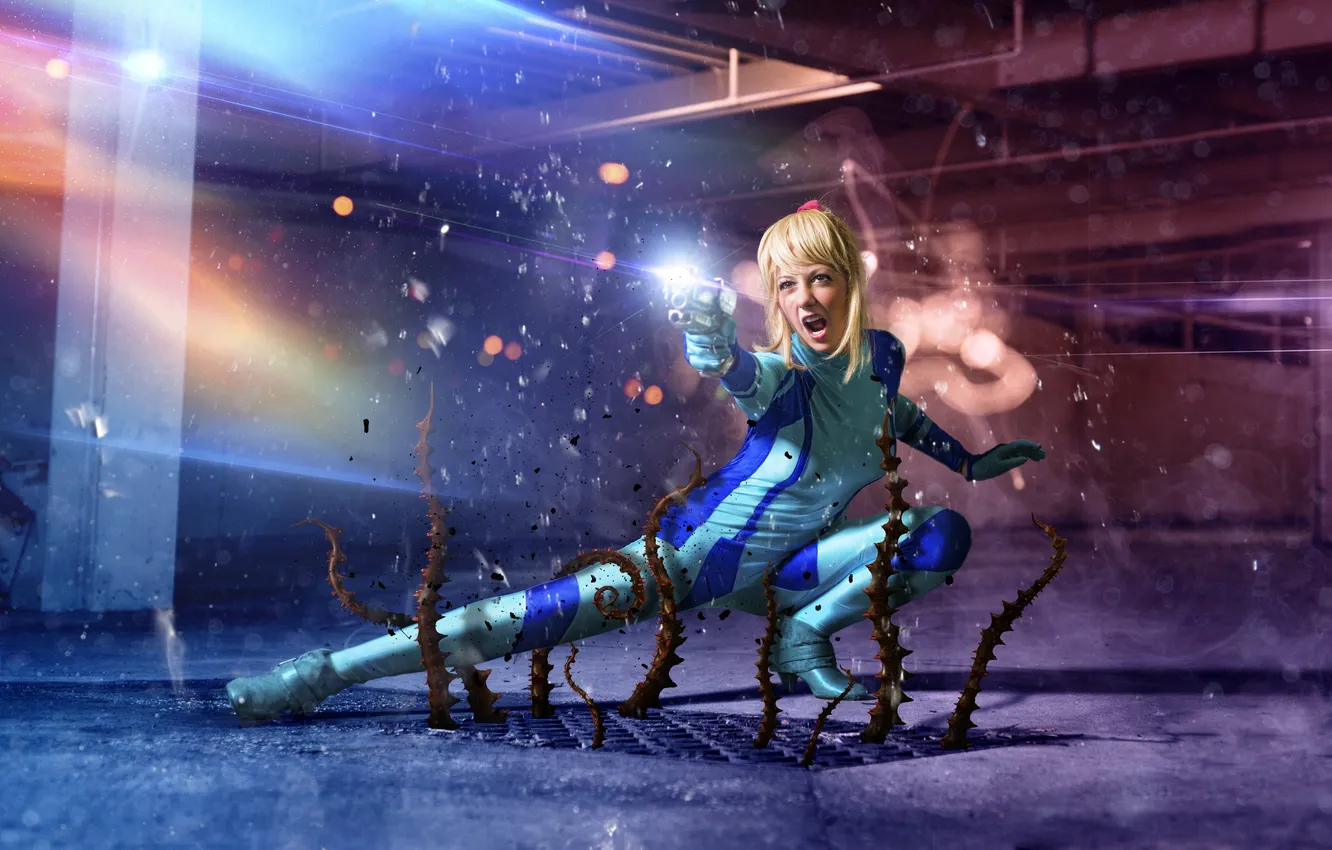 Photo wallpaper girl, pose, glare, weapons, shot, cosplay, Samus Aran