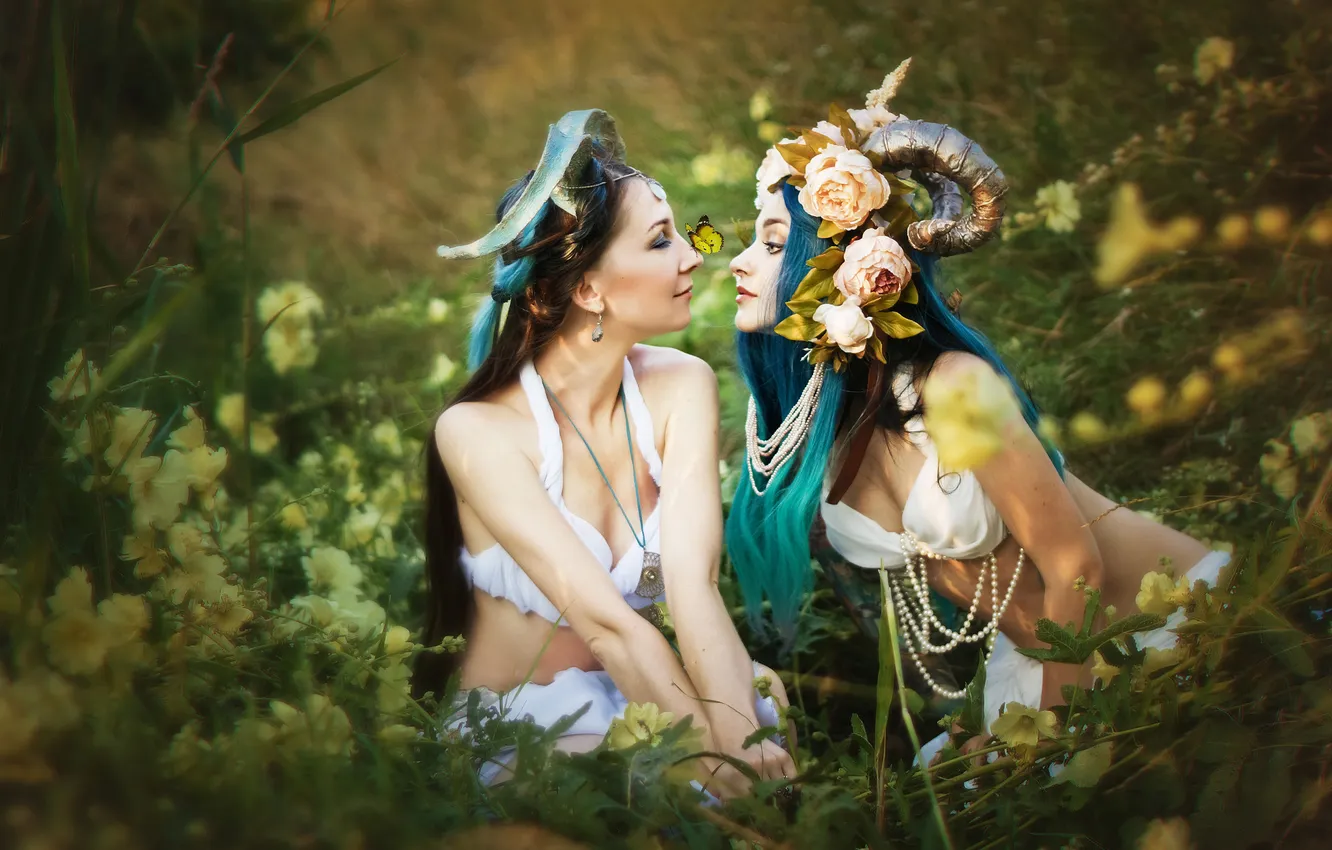 Photo wallpaper look, girl, flowers, nature, pose, style, glade, horns