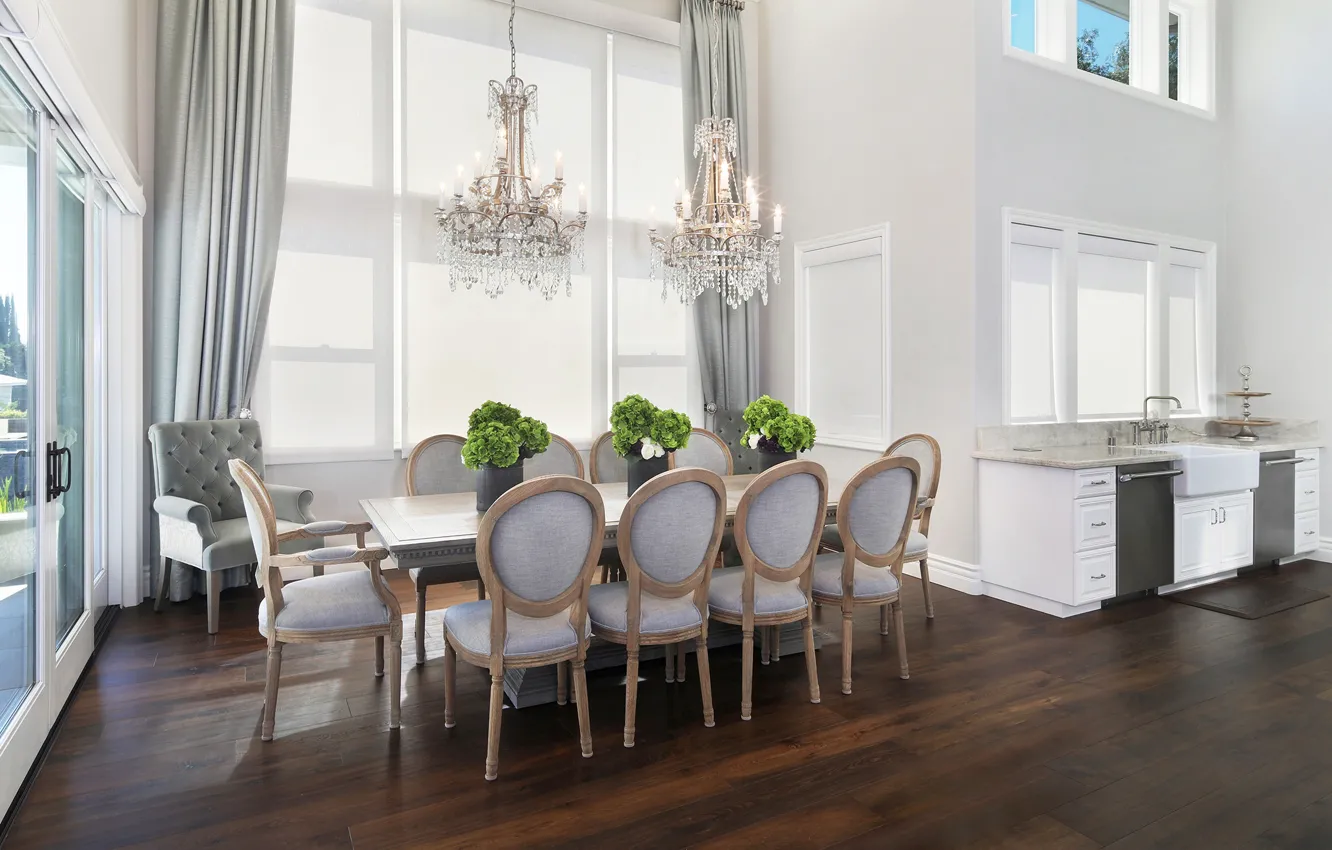 Photo wallpaper design, table, furniture, chandelier, mansion, living room