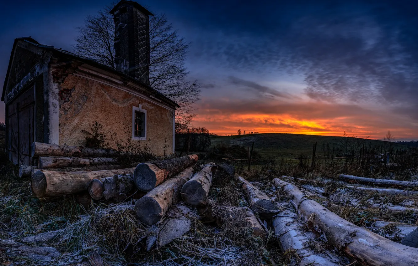 Photo wallpaper house, logs, dawn