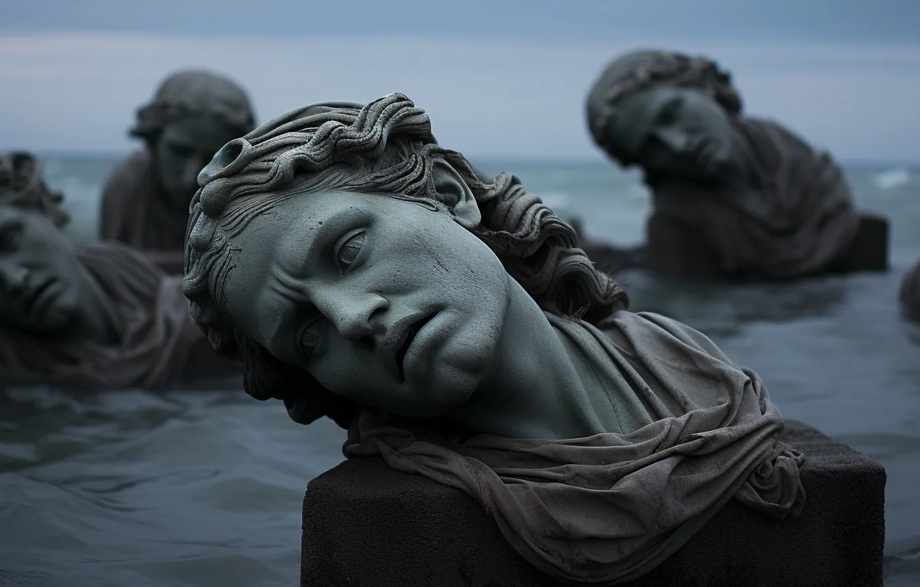 Photo wallpaper water, clouds, head, sculpture, bust, digital art, AI art, The Art of Artificial Intelligence