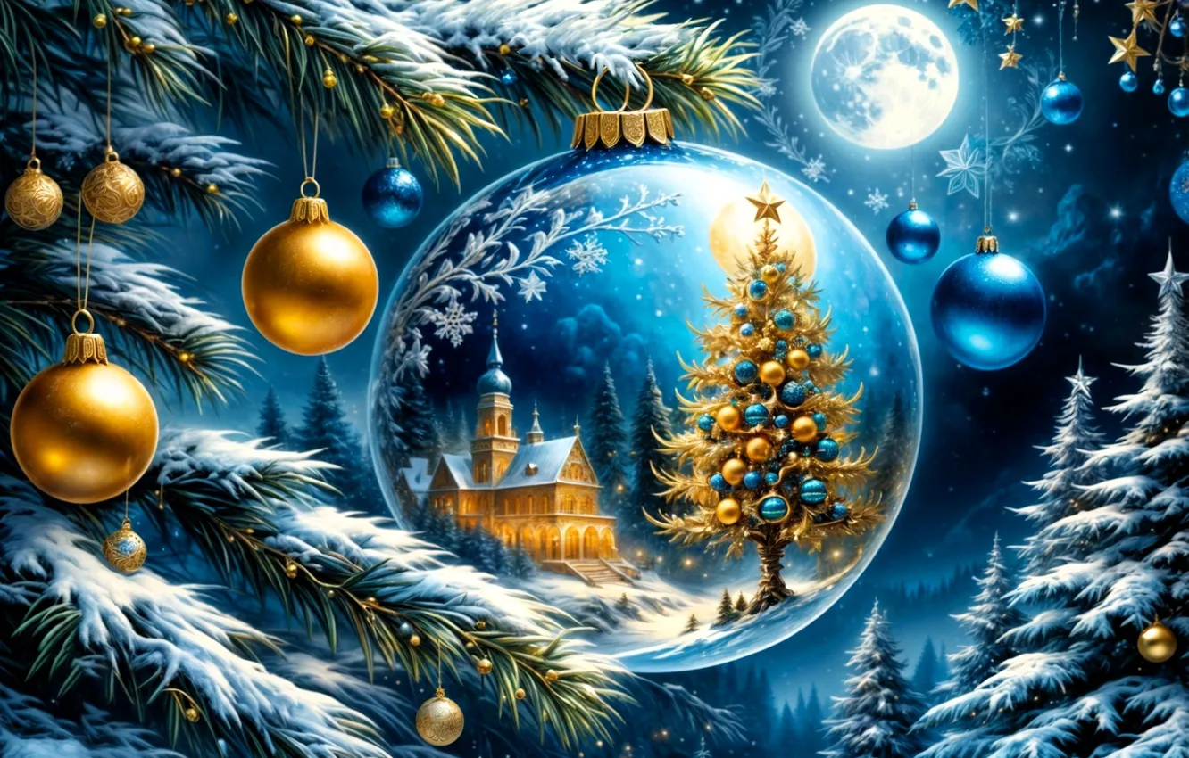 Photo wallpaper snow, decoration, balls, the moon, tree, temple, AI ART