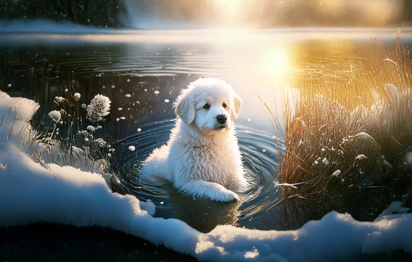 Photo wallpaper winter, white, light, snow, shore, dog, bathing, puppy