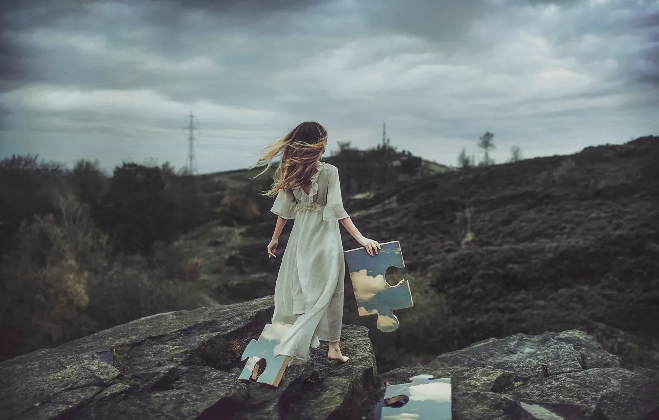 Photo wallpaper the sky, girl, clouds, stones, puzzles, fragments