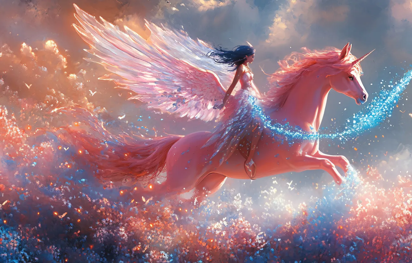 Photo wallpaper girl, horse, wings, Pegasus, digital art, AI art, The Art of Artificial Intelligence, neural network