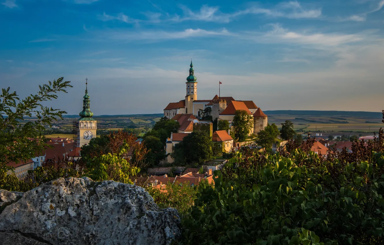 Photo wallpaper roof, field, the sky, clouds, the city, blue, stones, castle
