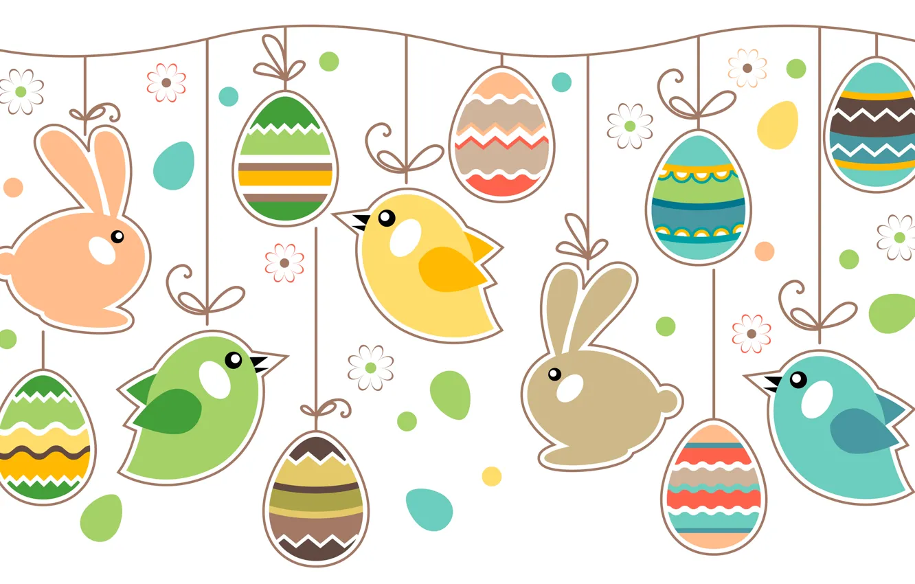 Photo wallpaper eggs, Easter, rabbits, birds