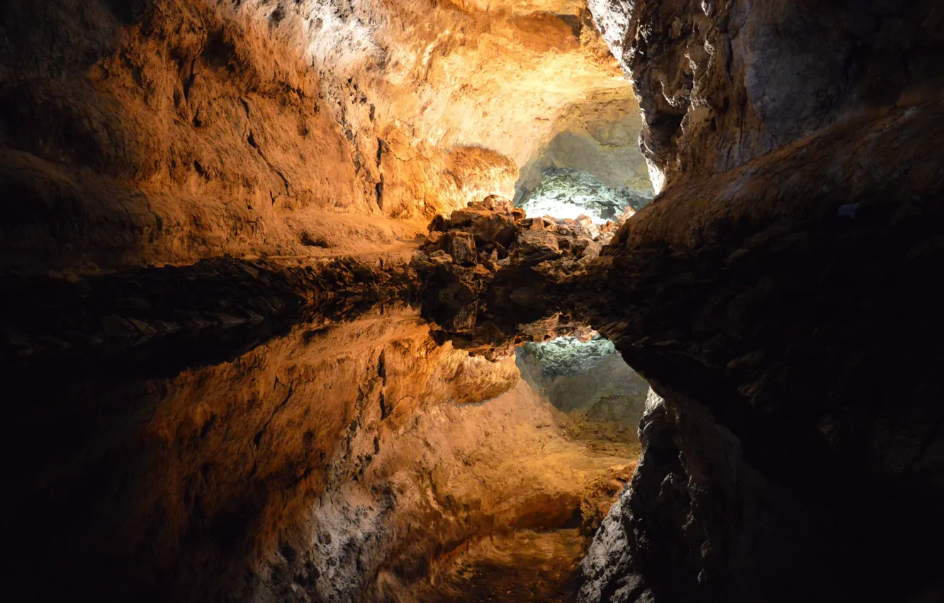 Photo wallpaper water, reflection, rocks, mirror, cave, the grotto