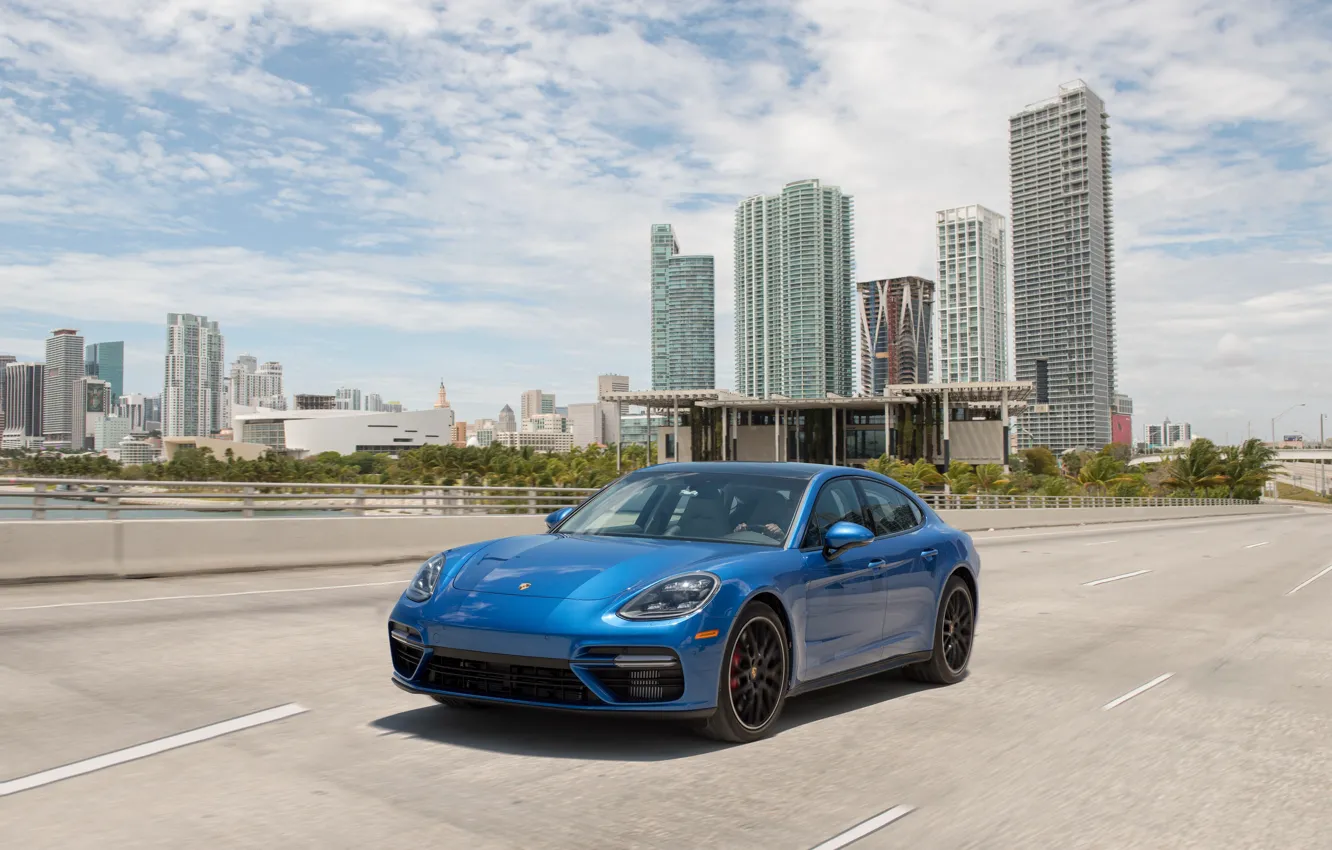 Photo wallpaper road, auto, blue, the city, speed, Porsche, Panamera, turbo