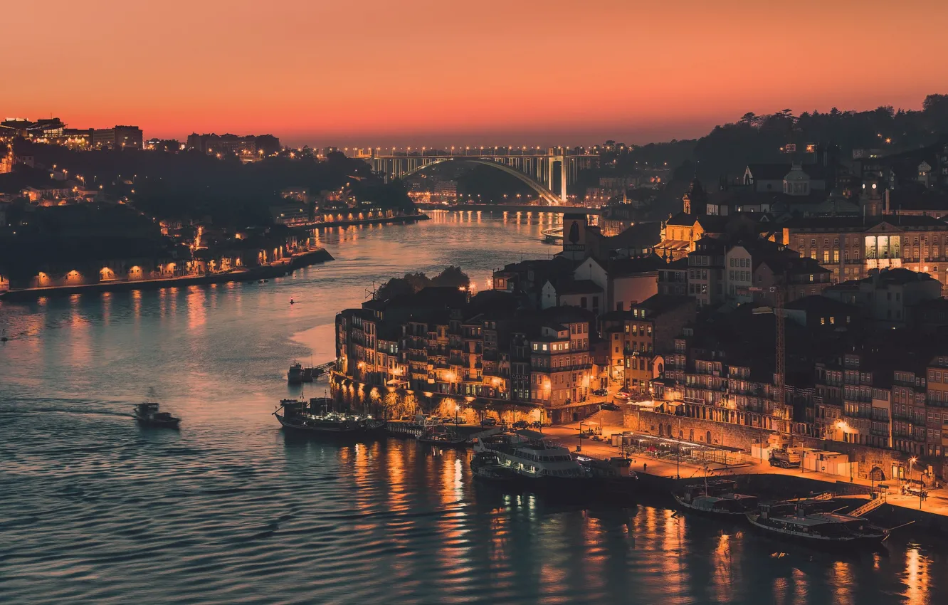 Photo wallpaper bridge, the city, lights, river, the evening, channel, Portugal, Port