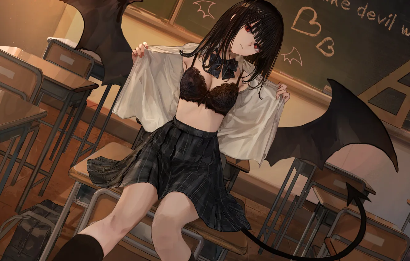 Photo wallpaper cleavage, anime, red eyes, sitting, small boobs, schoolgirl, looking at viewer, closed mouth