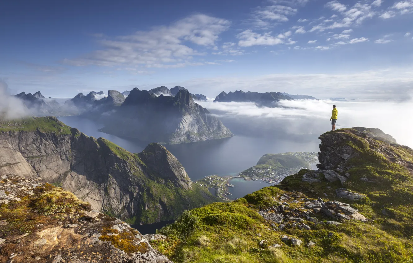 Photo wallpaper mountains, Norway, guy, sunrise, sunrise, Norway, archipelago, Lofoten