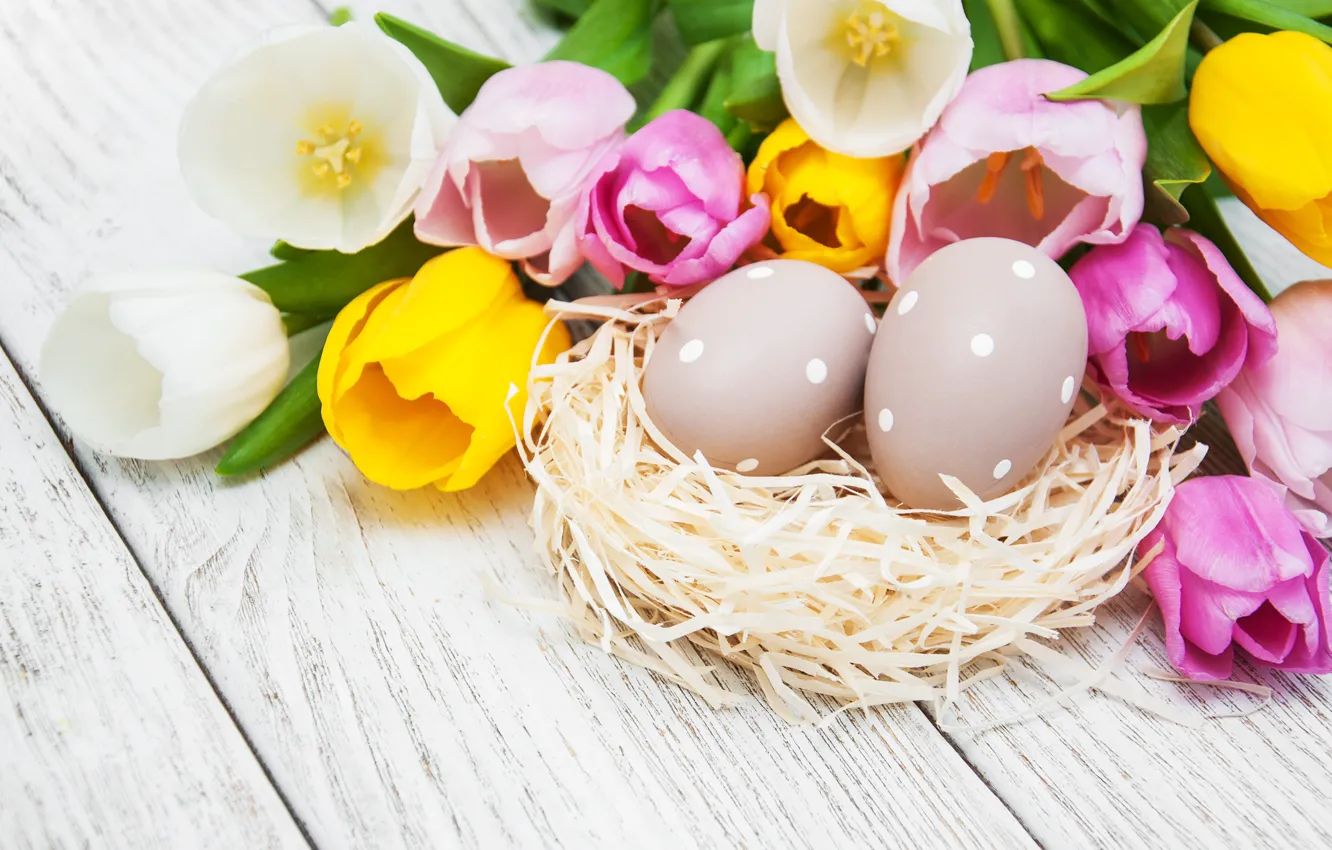 Photo wallpaper flowers, eggs, colorful, Easter, tulips, wood, pink, flowers