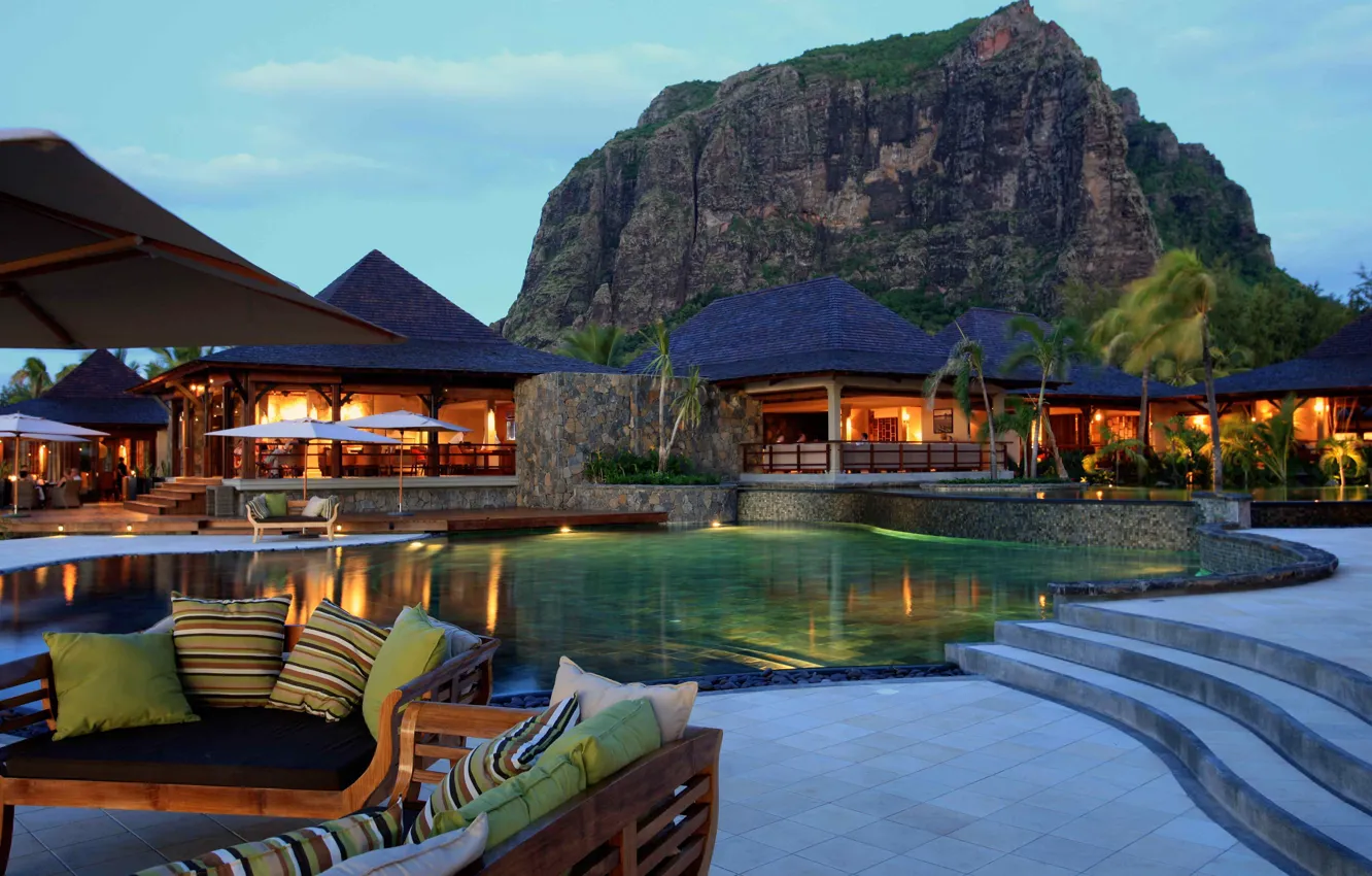 Photo wallpaper palm trees, the evening, pool, resort