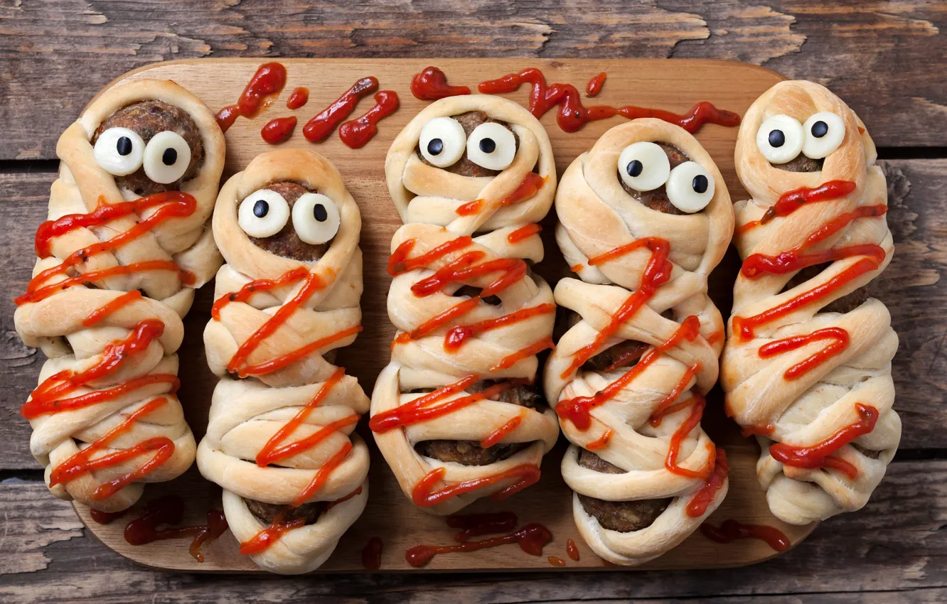 Photo wallpaper eyes, ketchup, cakes, chicken in pastry