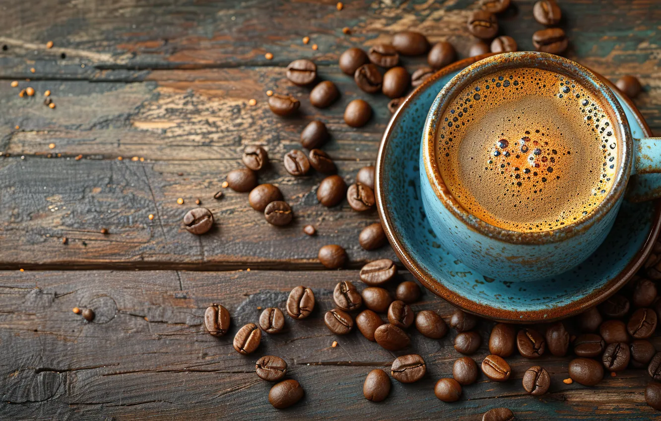 Photo wallpaper grain, wood, cup, beans, coffee, cozy, a Cup of coffee