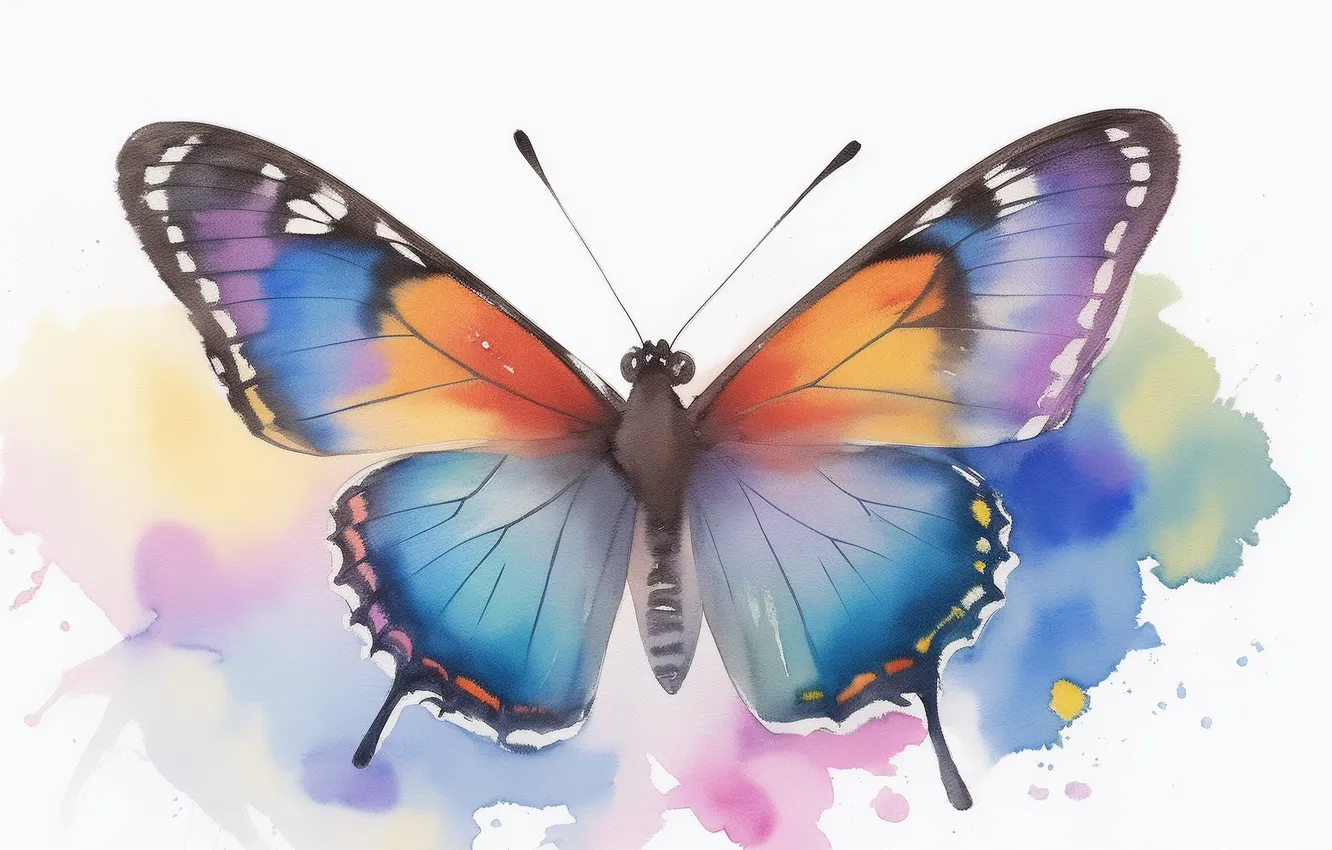 Photo wallpaper purple, orange, blue, blue, butterfly, figure, wings, watercolor