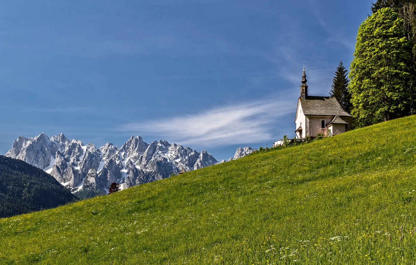 Photo wallpaper grass, mountains, slope, Alps, Church