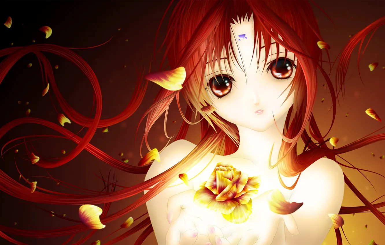 Photo wallpaper flower, eyes, girl, rose, anime, petals