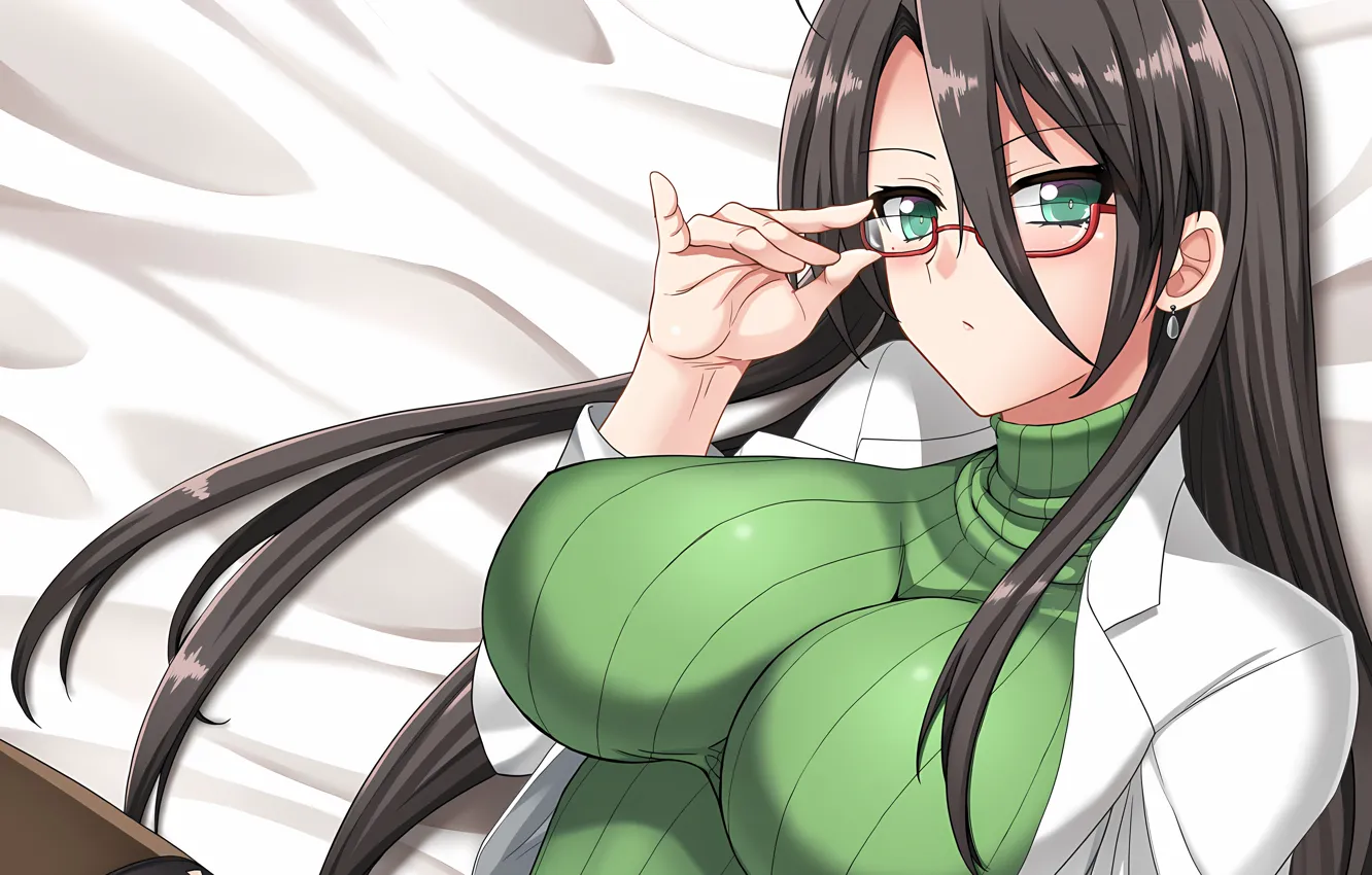 Photo wallpaper girl, sexy, thighhighs, green eyes, long hair, brown hair, boobs, anime
