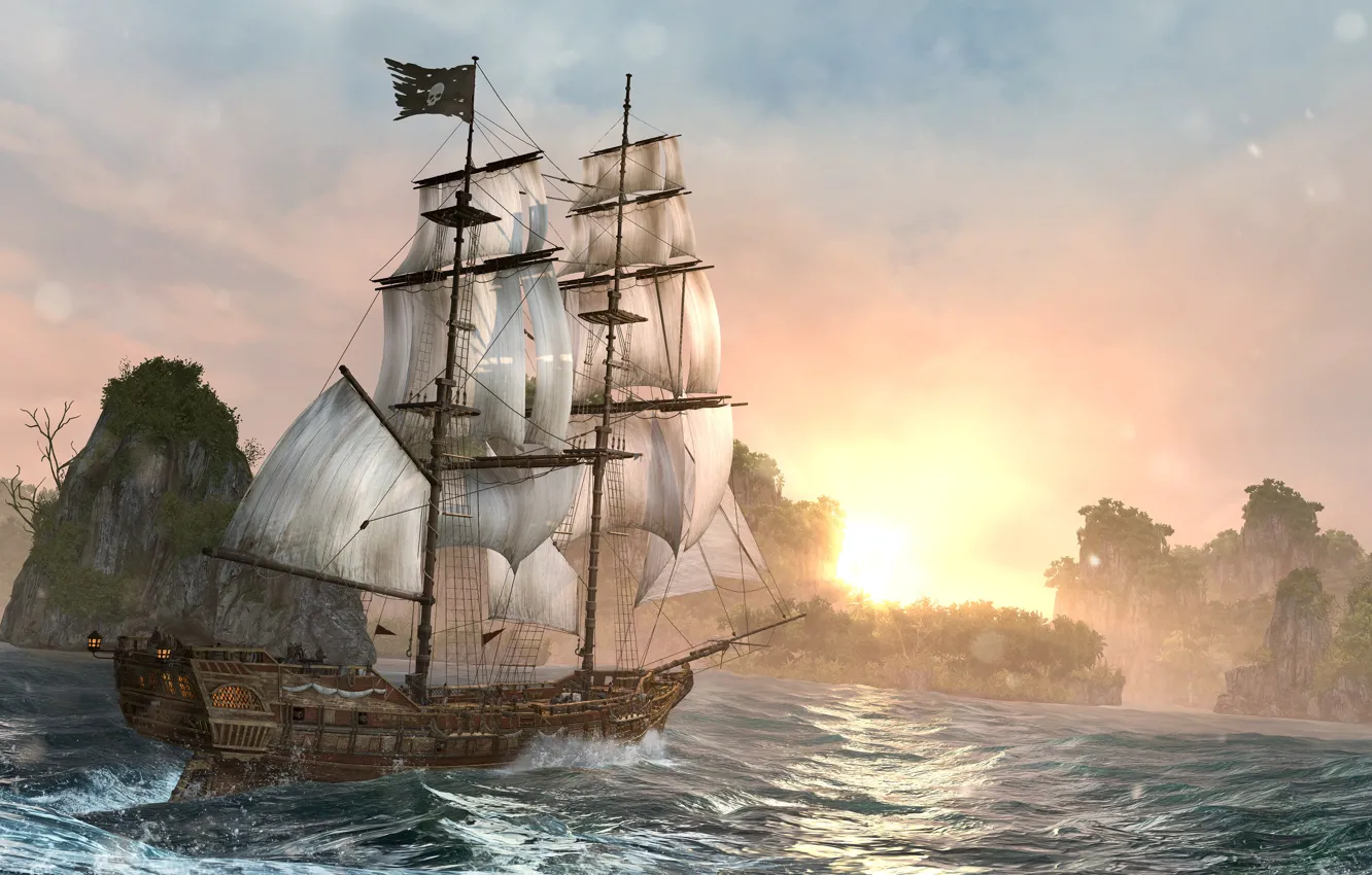 Photo wallpaper night, ship, island, Black Flag, Assassin's Creed IV