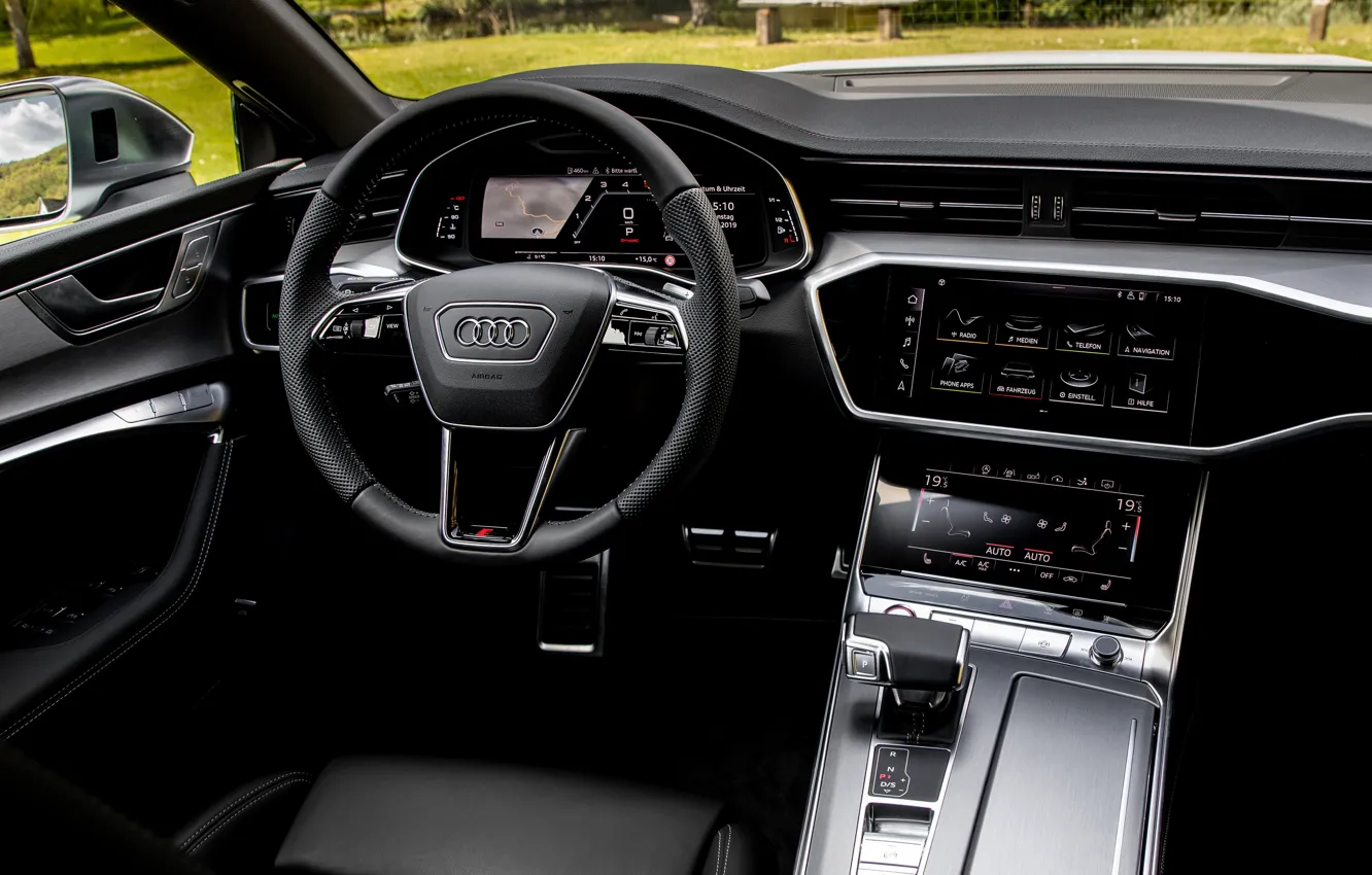 Photo wallpaper Audi, interior, devices, salon, Audi A7, 2019, steering wheel, S7 Sportback