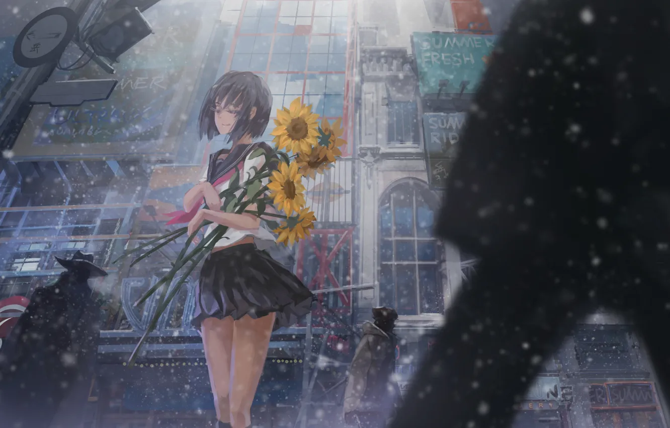 Photo wallpaper winter, girl, snow, sunflowers, flowers, street