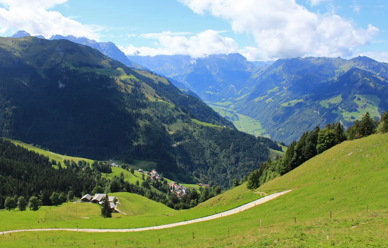 Photo wallpaper the sky, trees, landscape, mountains, Switzerland, home.
