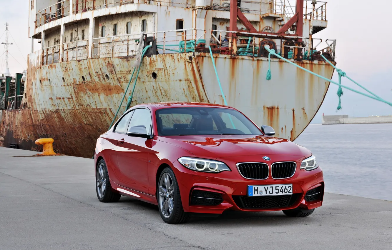 Photo wallpaper sea, red, ship, BMW, pier, rust, Coupe, 2013