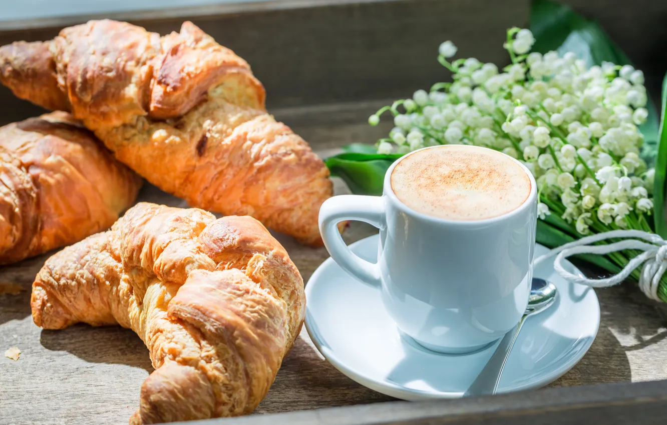 Photo wallpaper coffee, Breakfast, Cup, lilies of the valley, croissants, breakfast