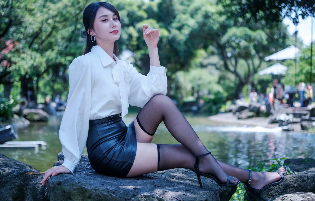 Photo wallpaper skirt, girl, legs, blouse, stockings, Asian