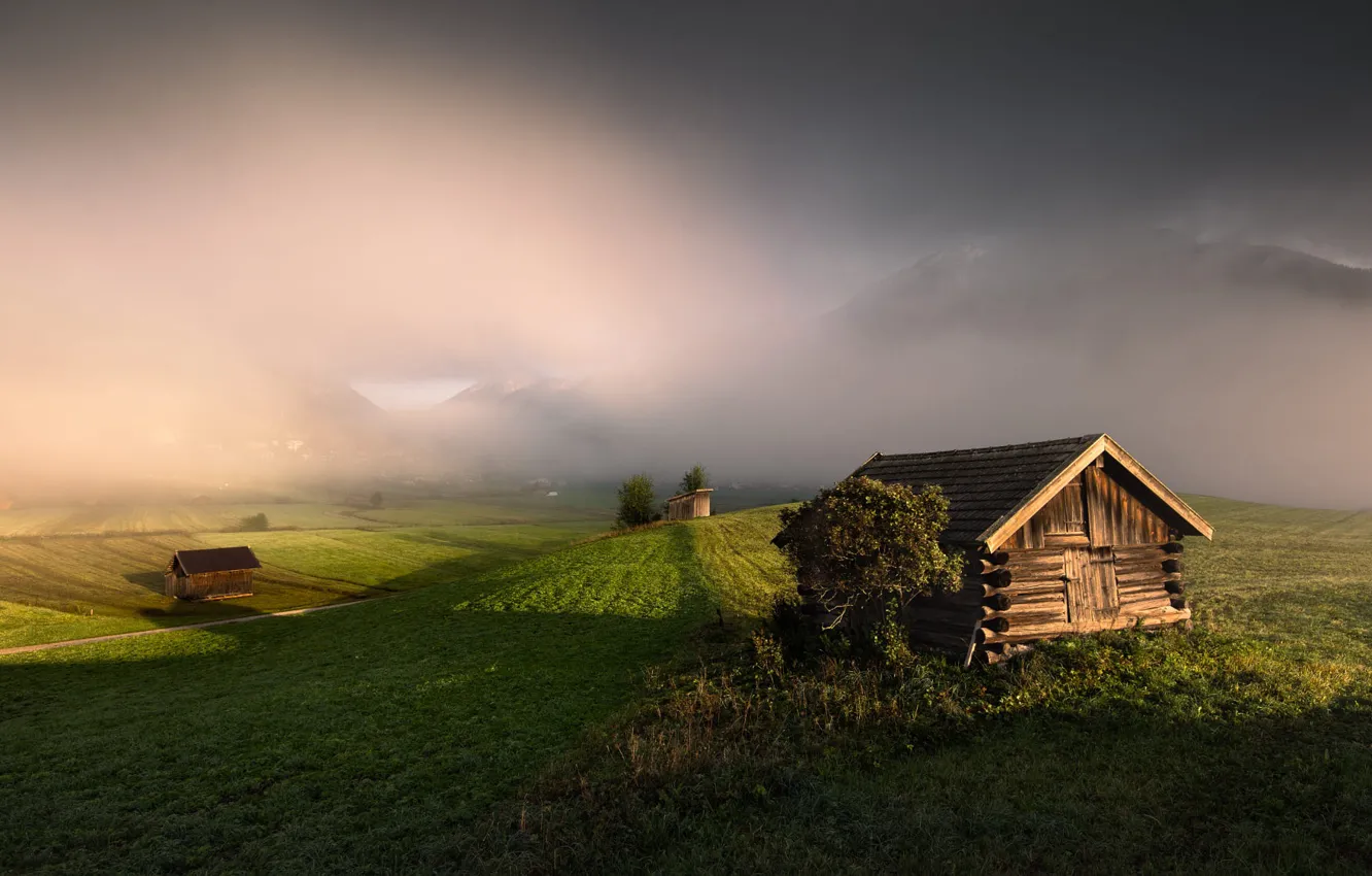 Photo wallpaper greens, field, light, mountains, clouds, fog, dawn, shadow