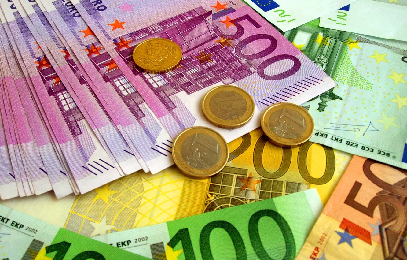 Photo wallpaper Euro, coins, bills, fon, euro, banknotes, coins
