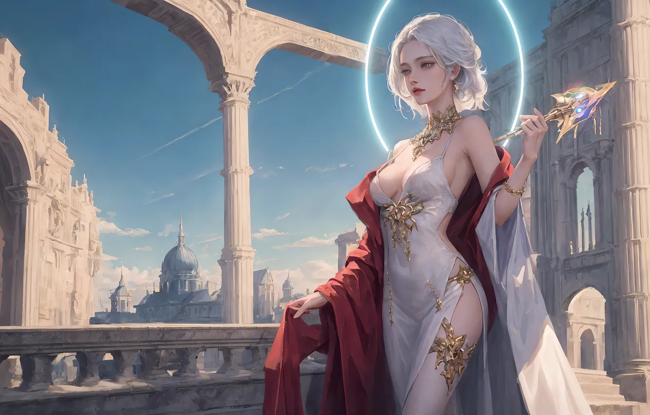 Photo wallpaper myth, white hair, fantasy girl, AI Art, Fantasy Architecture