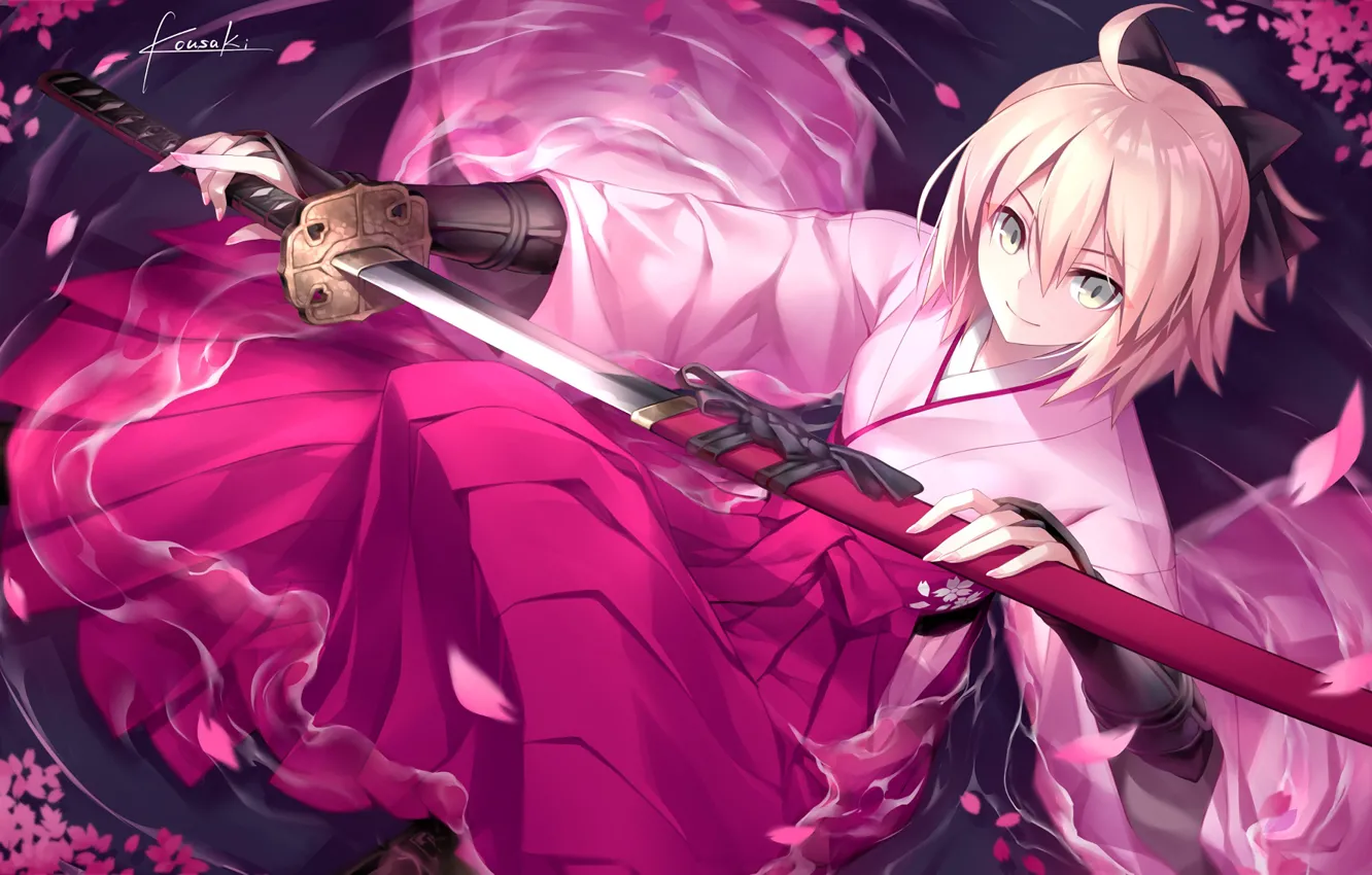 Photo wallpaper girl, weapons, sword, kimono, sitting, Fate Stay Night, saber, anime