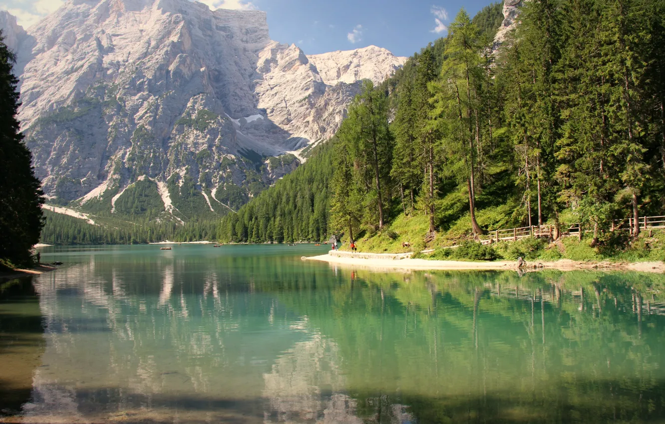 Photo wallpaper forest, trees, mountains, lake, reflection, shore, boats, Alps