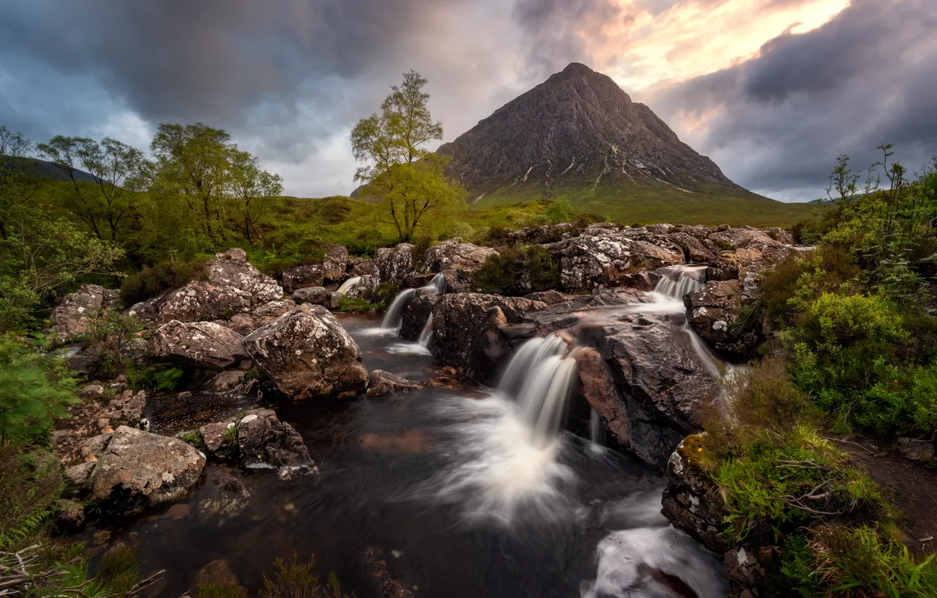 Photo wallpaper trees, mountains, stones, waterfall
