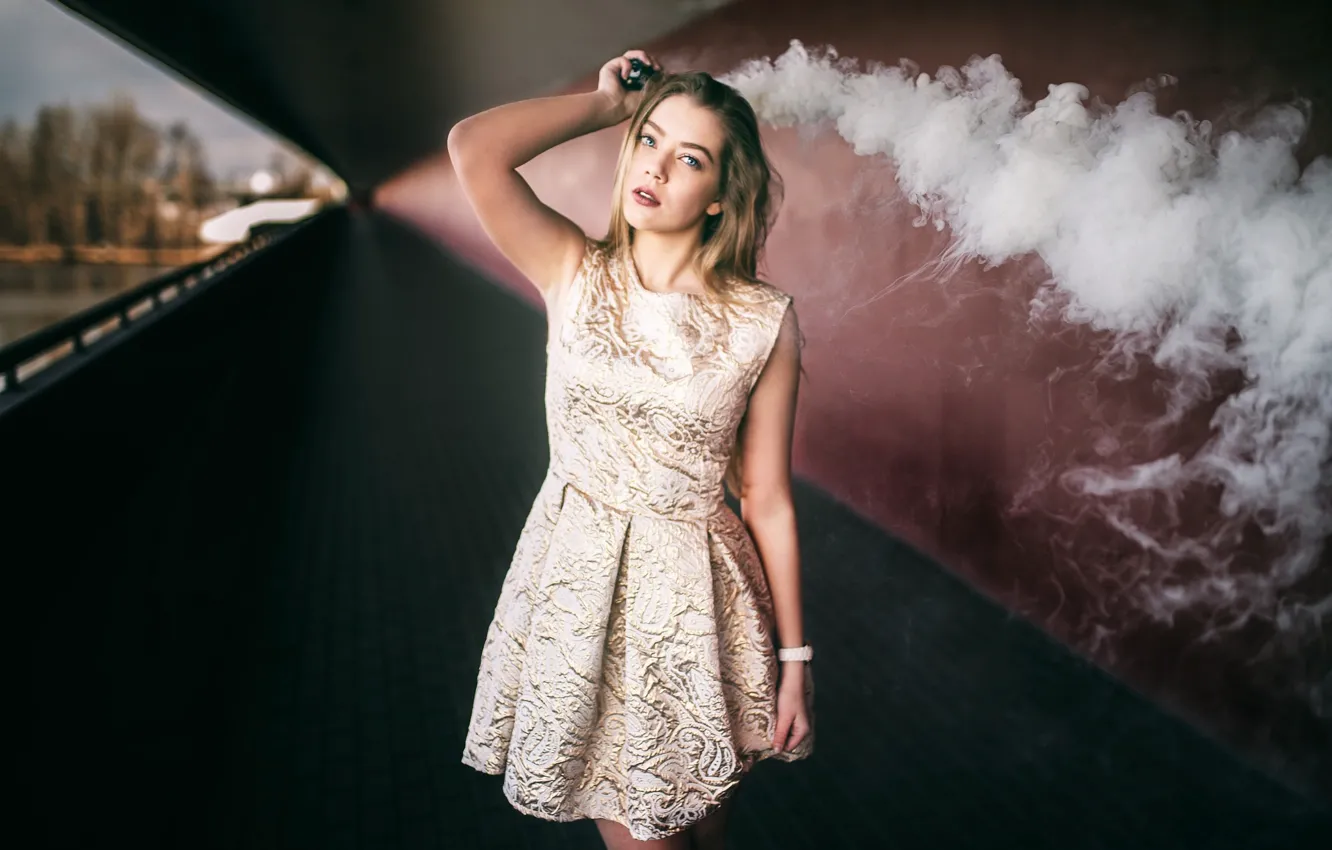 Photo wallpaper look, pose, model, smoke, makeup, figure, dress, hairstyle