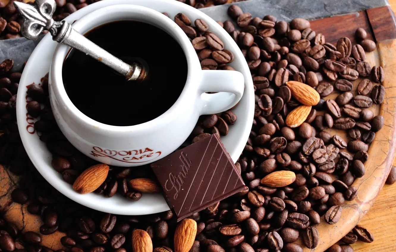 Photo wallpaper coffee, chocolate, mug, Cup, coffee beans, saucer, almonds