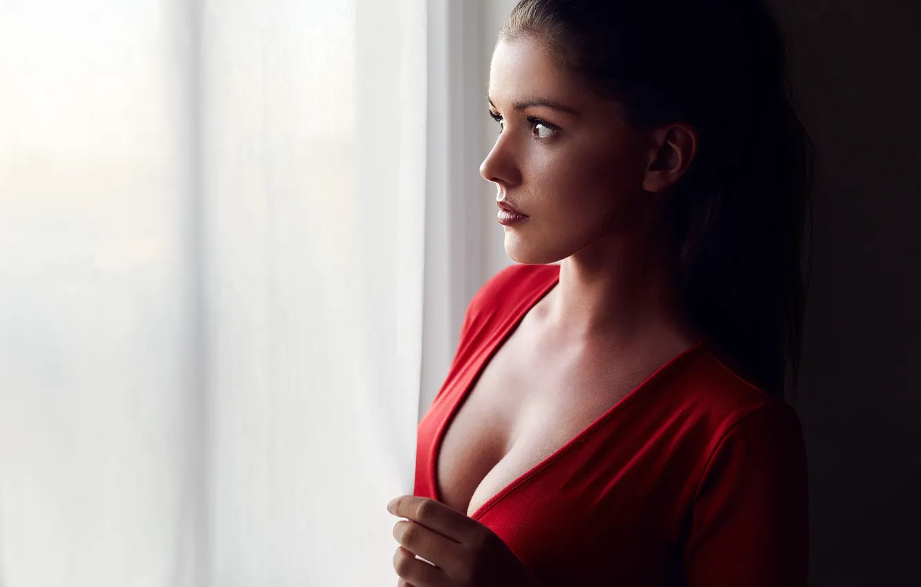 Photo wallpaper makeup, dress, brunette, hairstyle, is, beautiful, in red, window