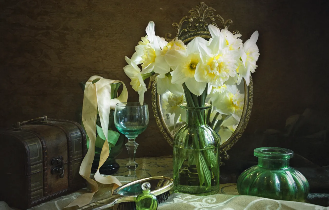 Photo wallpaper flowers, glass, mirror, brush, tape, bottle, still life, daffodils