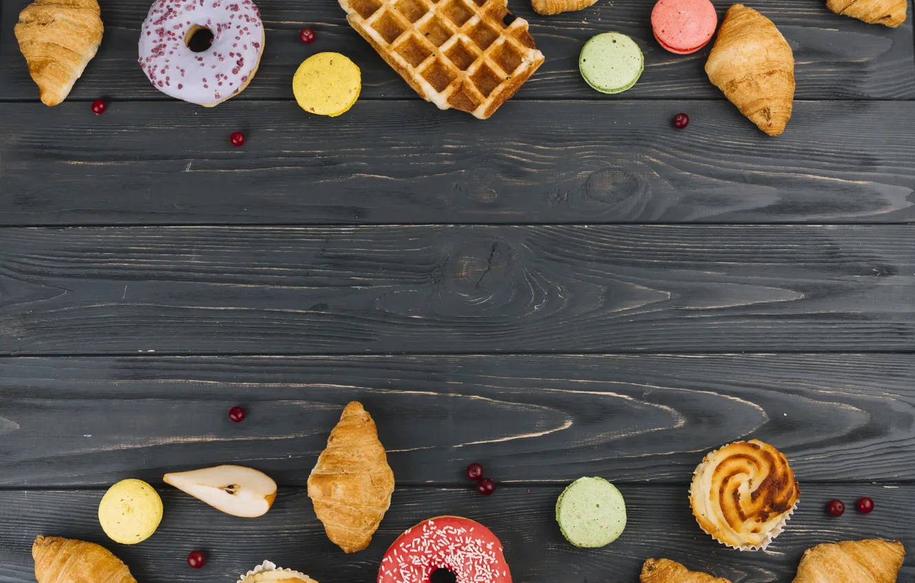 Photo wallpaper donuts, waffles, cakes, cupcakes, croissants, macaroons, cupcakes, donuts