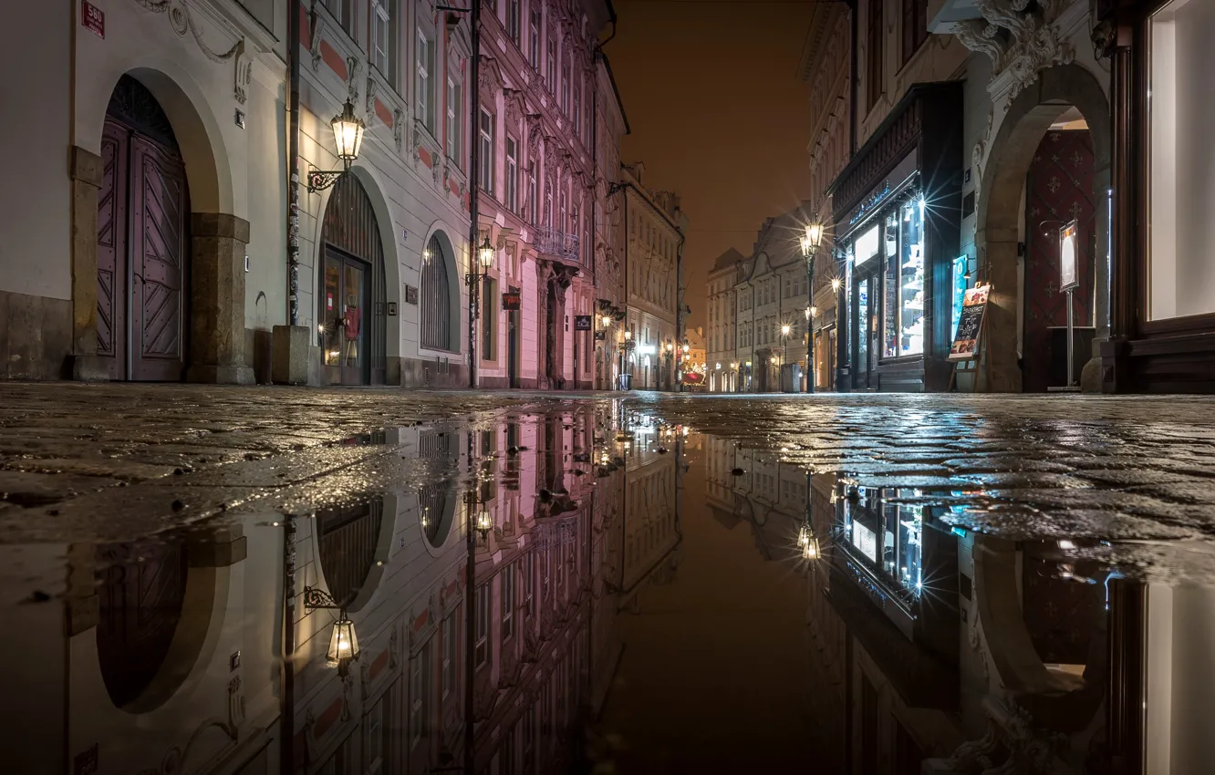 Photo wallpaper water, night, lights, reflection, street, home, Prague, Czech Republic