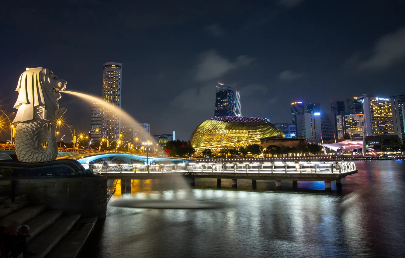 Photo wallpaper night, lights, building, home, lights, Bay, Singapore, fountain
