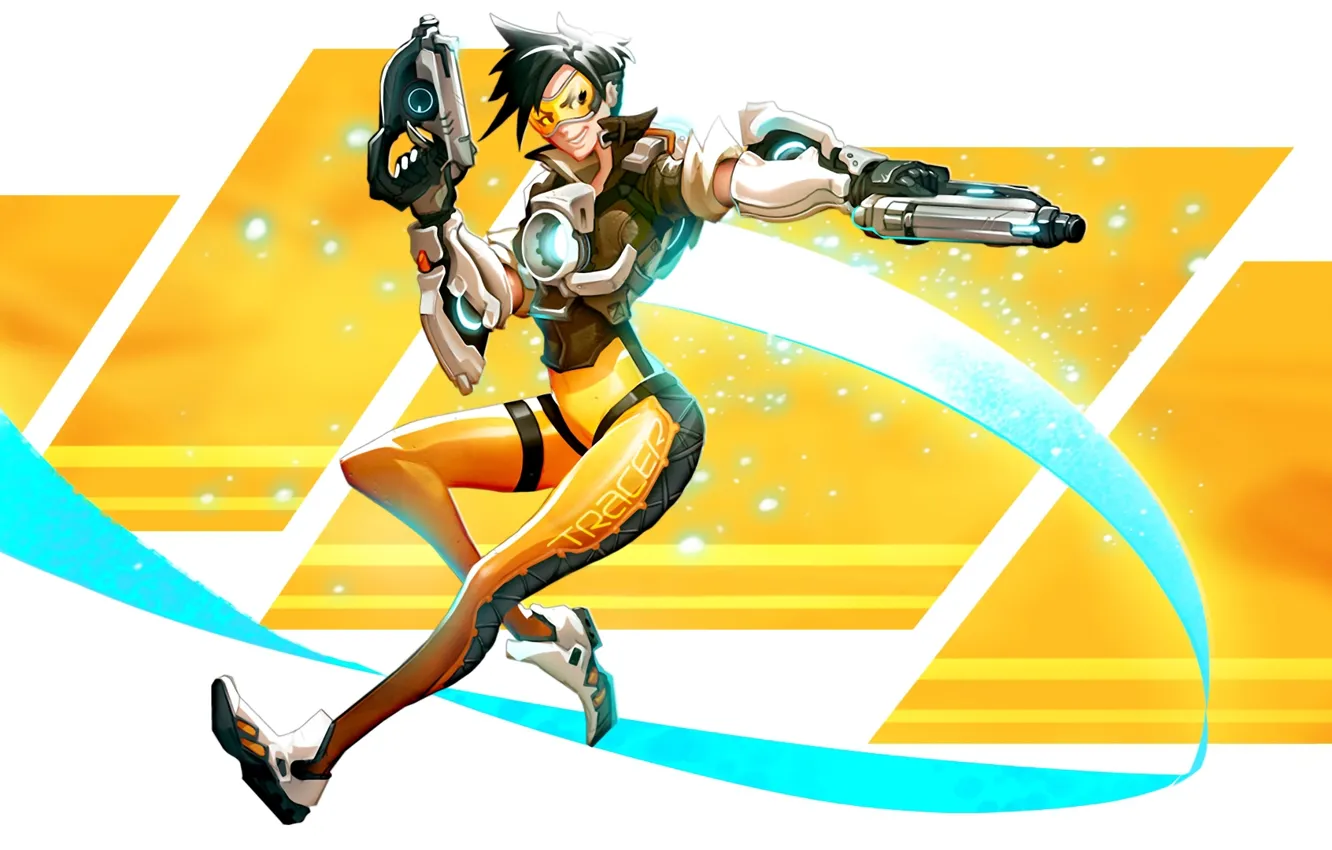 Photo wallpaper girl, gun, Blizzard, art, fan art, fps, Overwatch, Tracer