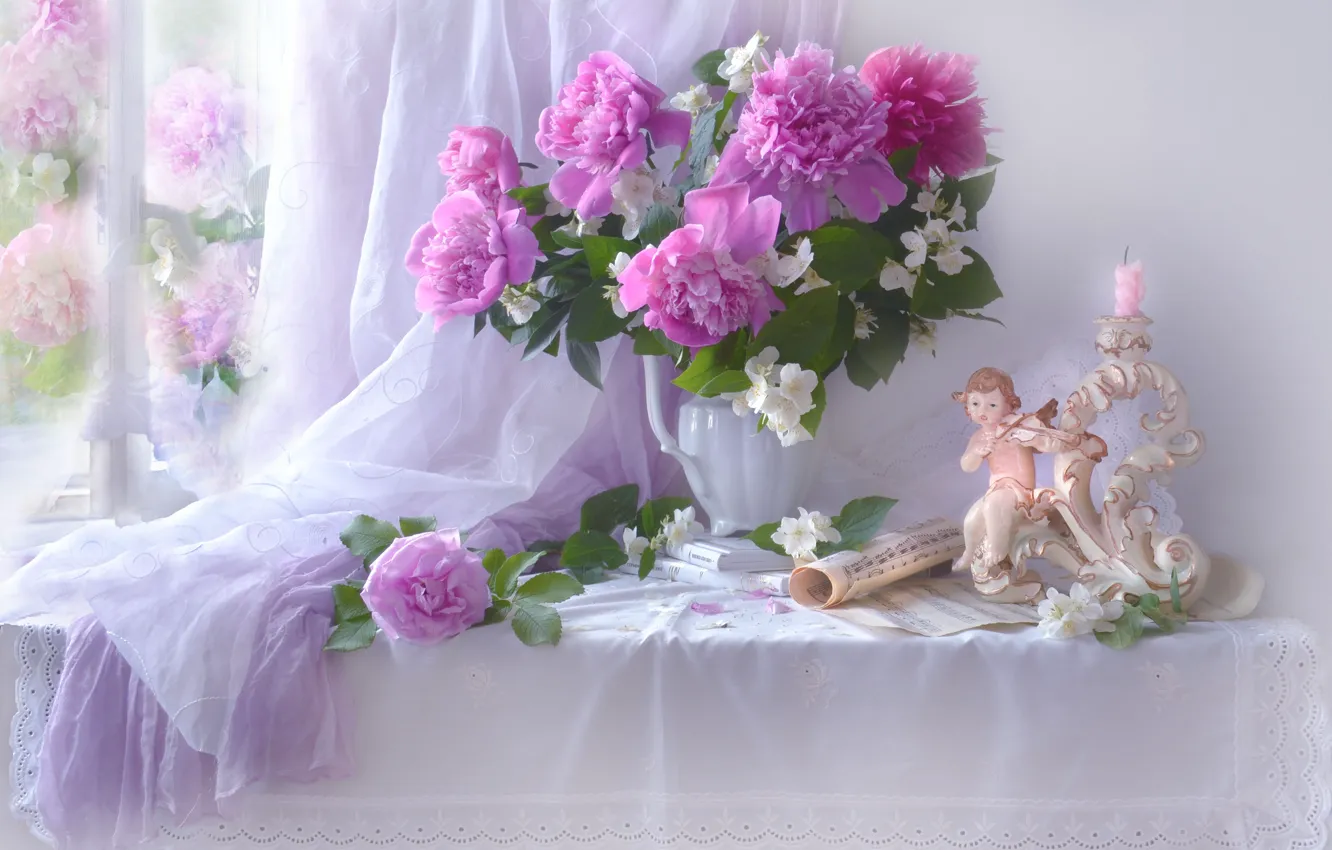 Photo wallpaper flowers, branches, notes, rose, books, candle, window, girl