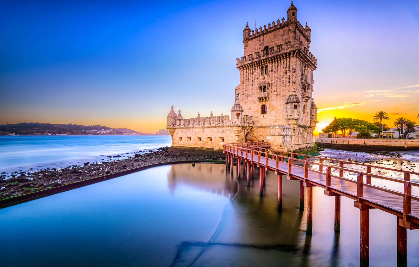 Photo wallpaper the sky, sunset, bridge, river, tower, fortress, Portugal, Lisbon