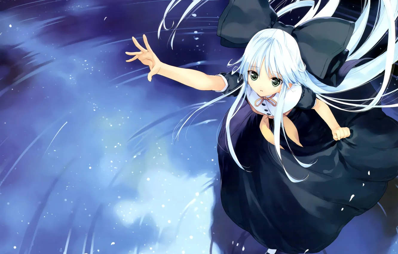 Photo wallpaper black dress, bow, looking up, stretched out his right hand, visual novel, long white hair, …